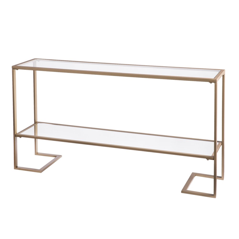 52" Clear and Gold Mirrored Glass and Metal Sled Console Table With Shelf