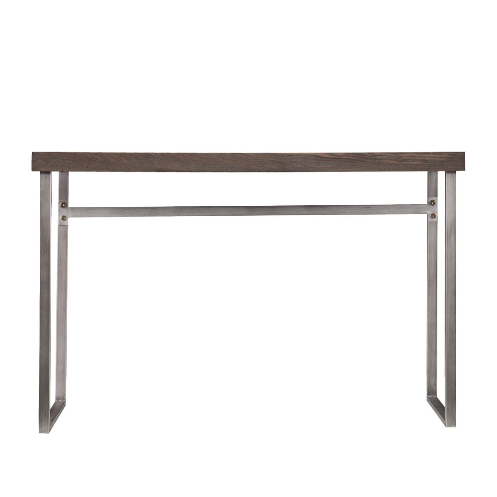 46" Gray Brown and Silver Wood and Metal Distressed Sled Console Table