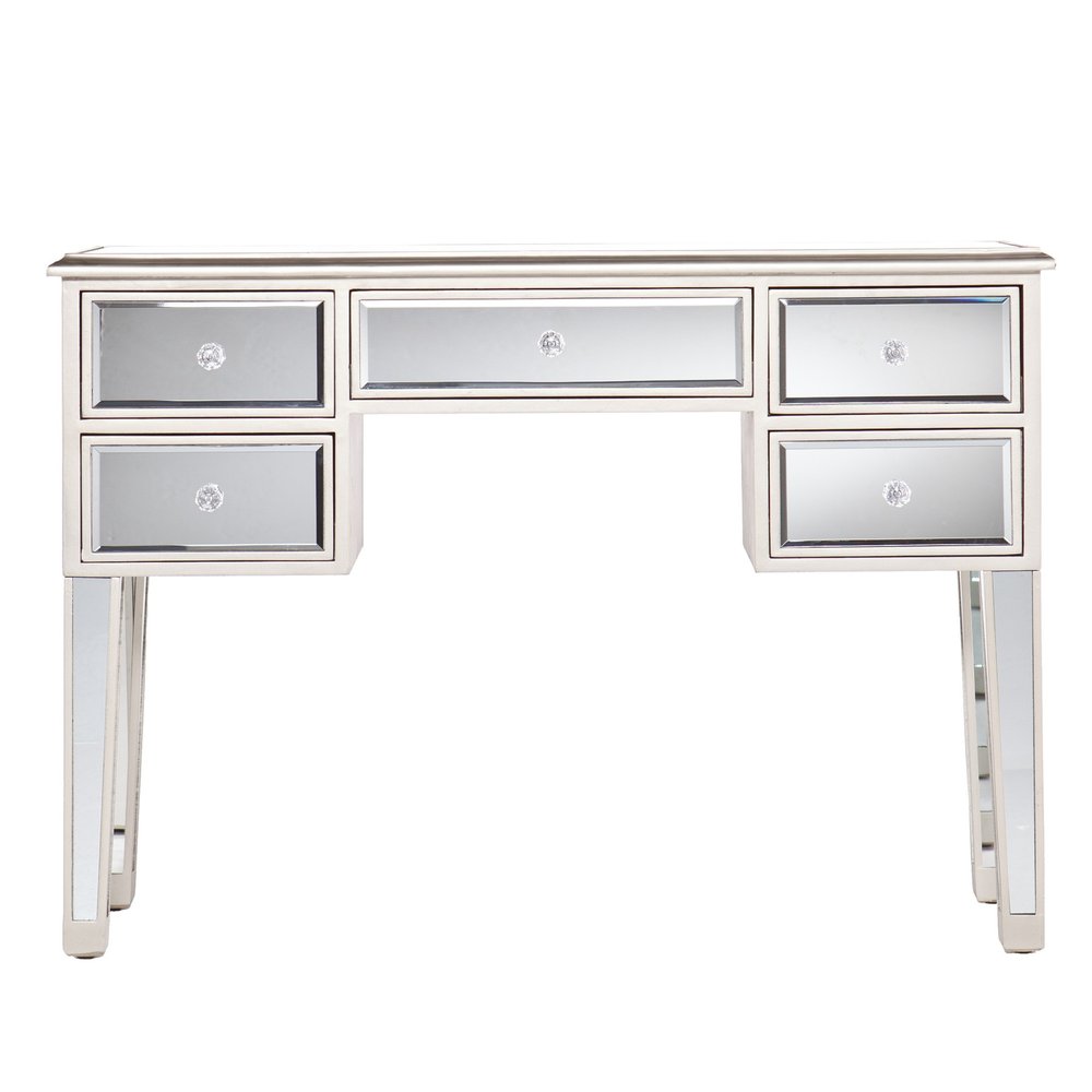 43" Silver Mirrored Glass and Solid Wood Console Table With Five Drawers