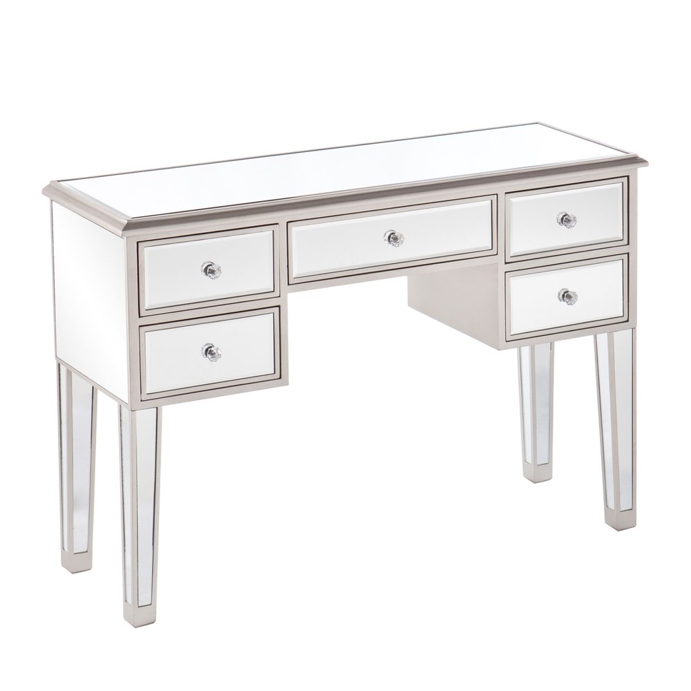 43" Silver Mirrored Glass and Solid Wood Console Table With Five Drawers