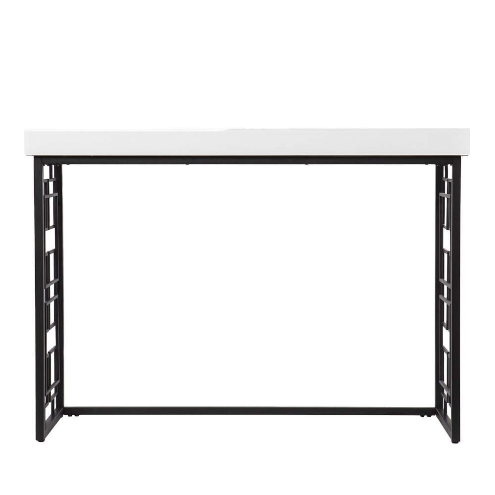 42" White and Black Glass and Metal Sled Console Table