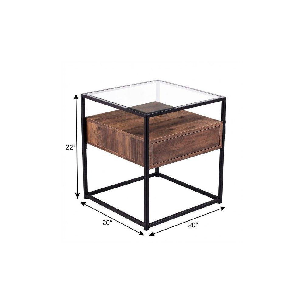 22" Black Glass And Iron Square End Table With Drawer With Shelf