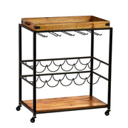 Brown and Black Metal And Solid Wood Rolling Bar Cart With Wine Storage