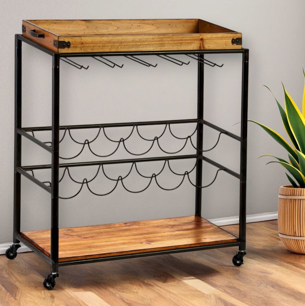 Brown and Black Metal And Solid Wood Rolling Bar Cart With Wine Storage