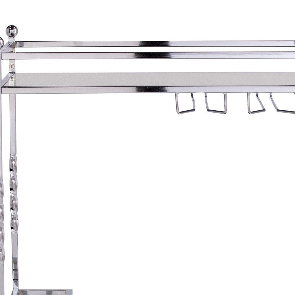 29" Silver Metal and Mirrored Glass Rolling Bar Cart With Wine Storage
