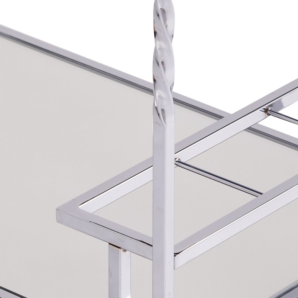 29" Silver Metal and Mirrored Glass Rolling Bar Cart With Wine Storage