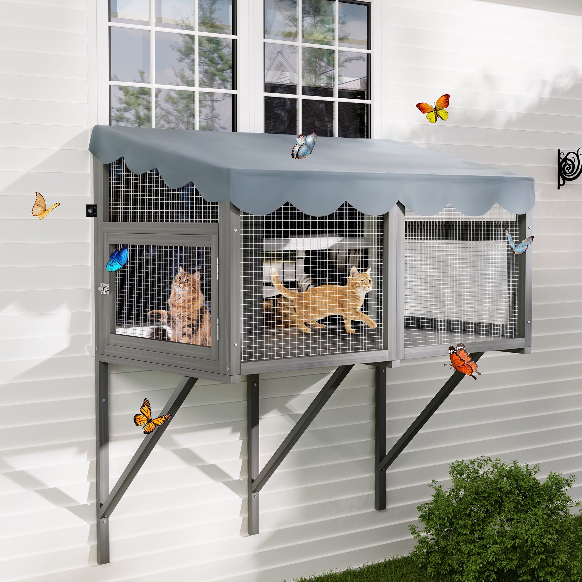Window Perch Catio For Indoor Cats, Expandable Enclosure With Secure Frame And Waterproof Roof, Suitable For Multiple Kittens - Gray