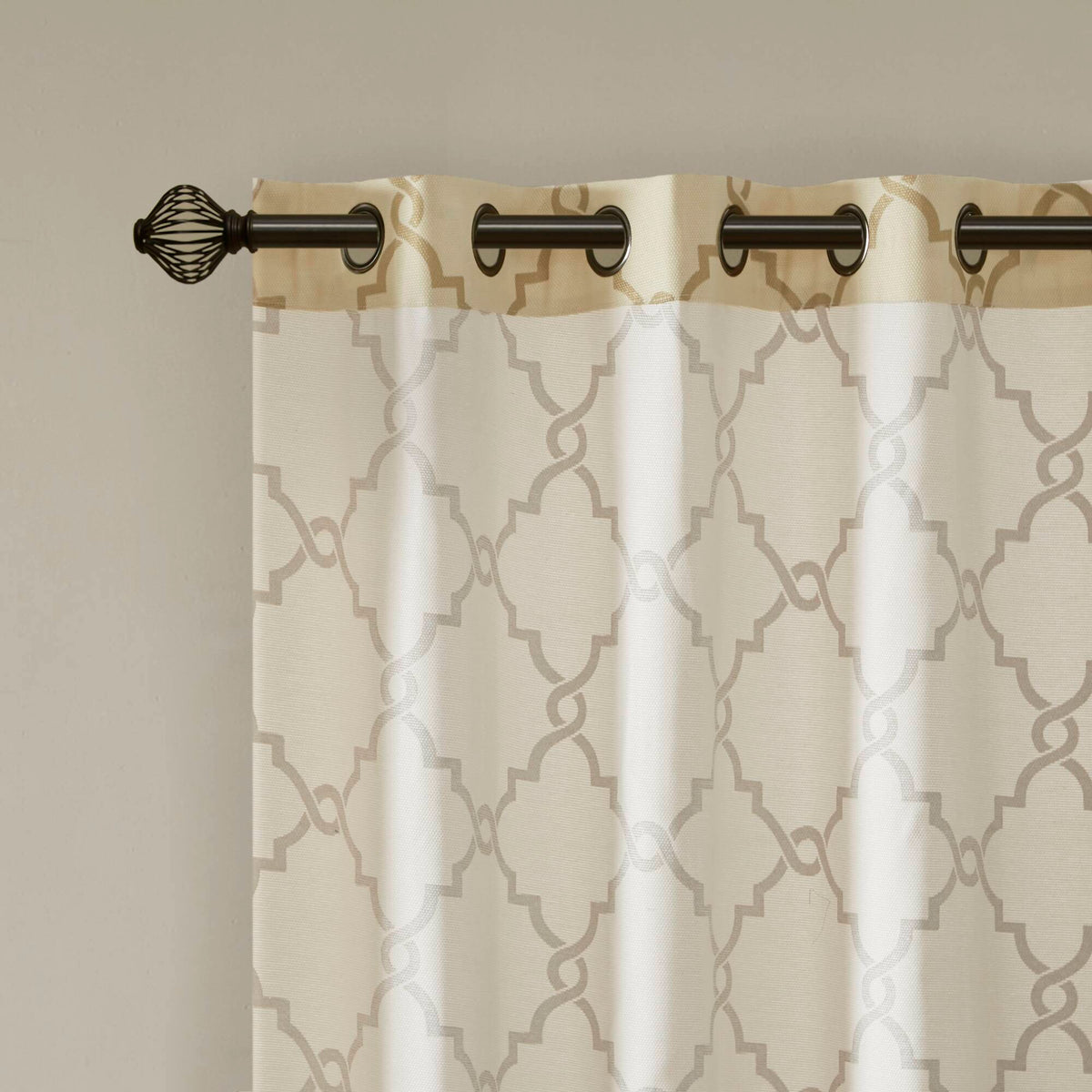 Saratoga - 108" Fretwork Print Grommet Top Window Curtain - Beige / Gold