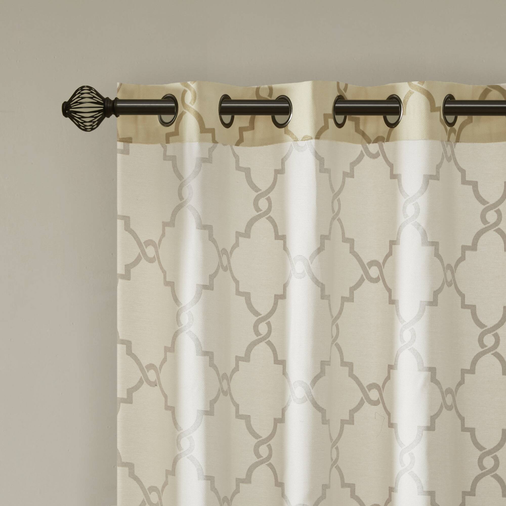 Saratoga - Fretwork Print Grommet Top Window Curtain - Beige / Gold