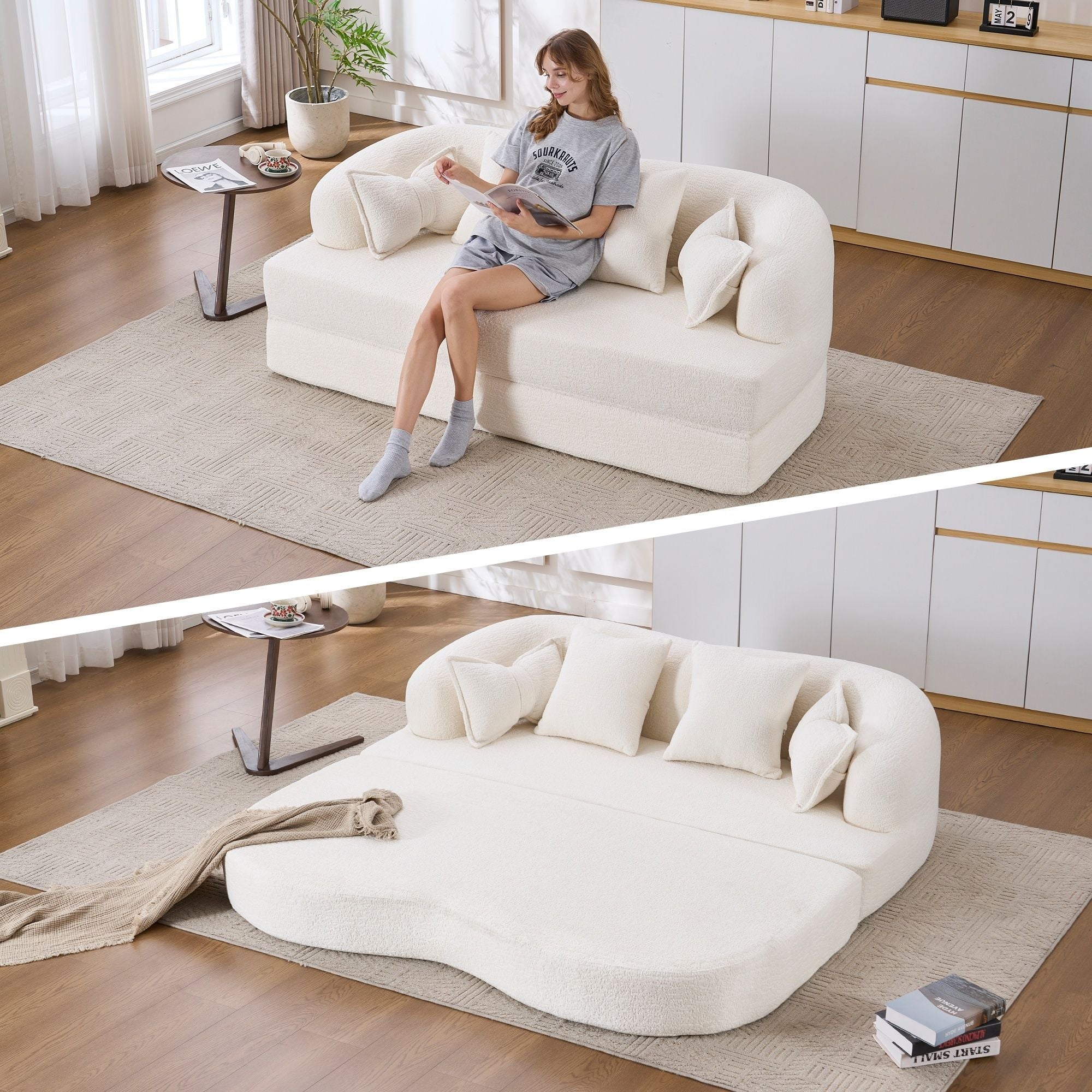 Foldable Sofa Bed, Boneless Couch Convertible Sleeper With 4 Pillows
