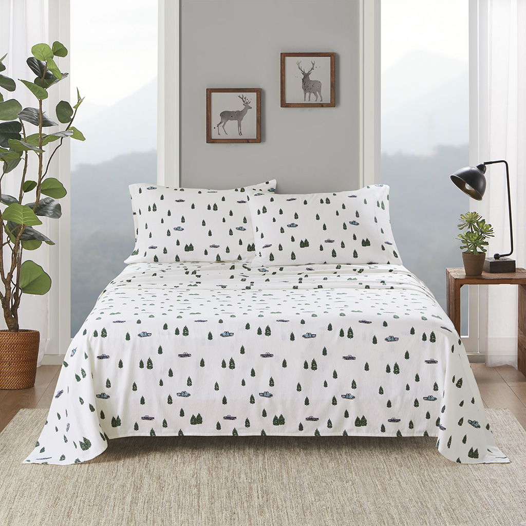 Flannel - 4 Piece California King Sheet Set - Green Trees & Trucks