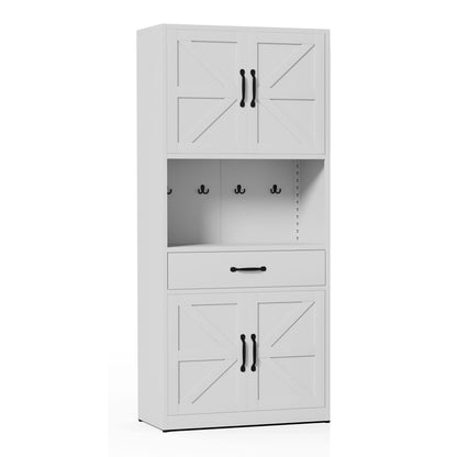 Kitchen Pantry Cabinet With Adjustable Shelves, Drawers, Hooks And Large Countertop - White