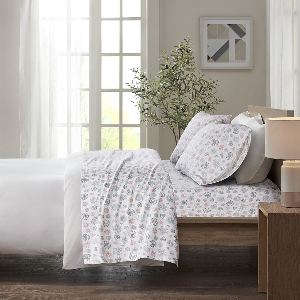 Cozy Flannel - Twin Long Sheet Set - Pink / Gray Snowflakes