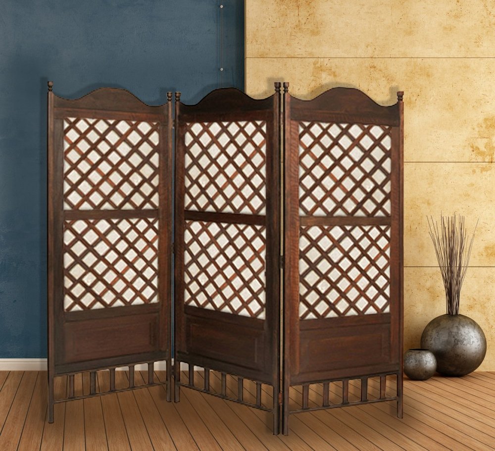 70" Brown Wood Folding Three Panel Screen Room Divider