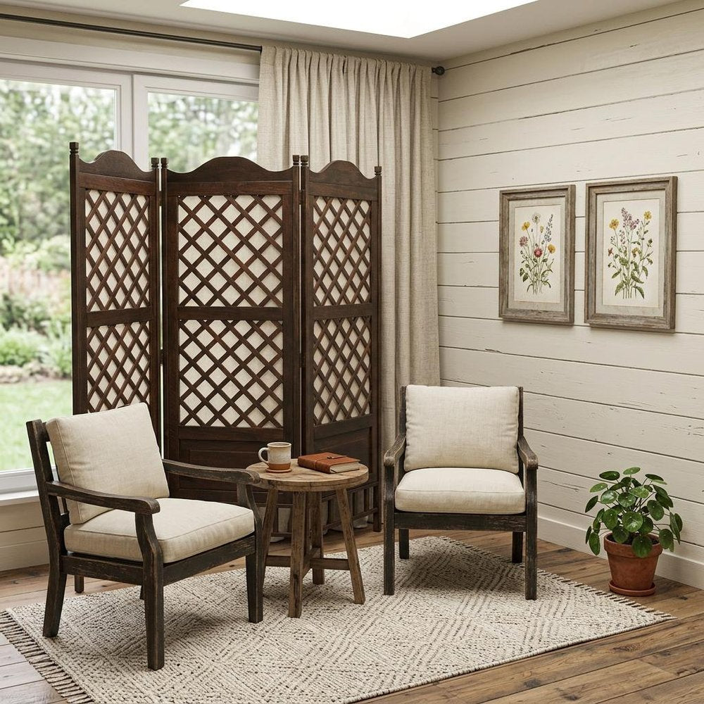 70" Brown Wood Folding Three Panel Screen Room Divider