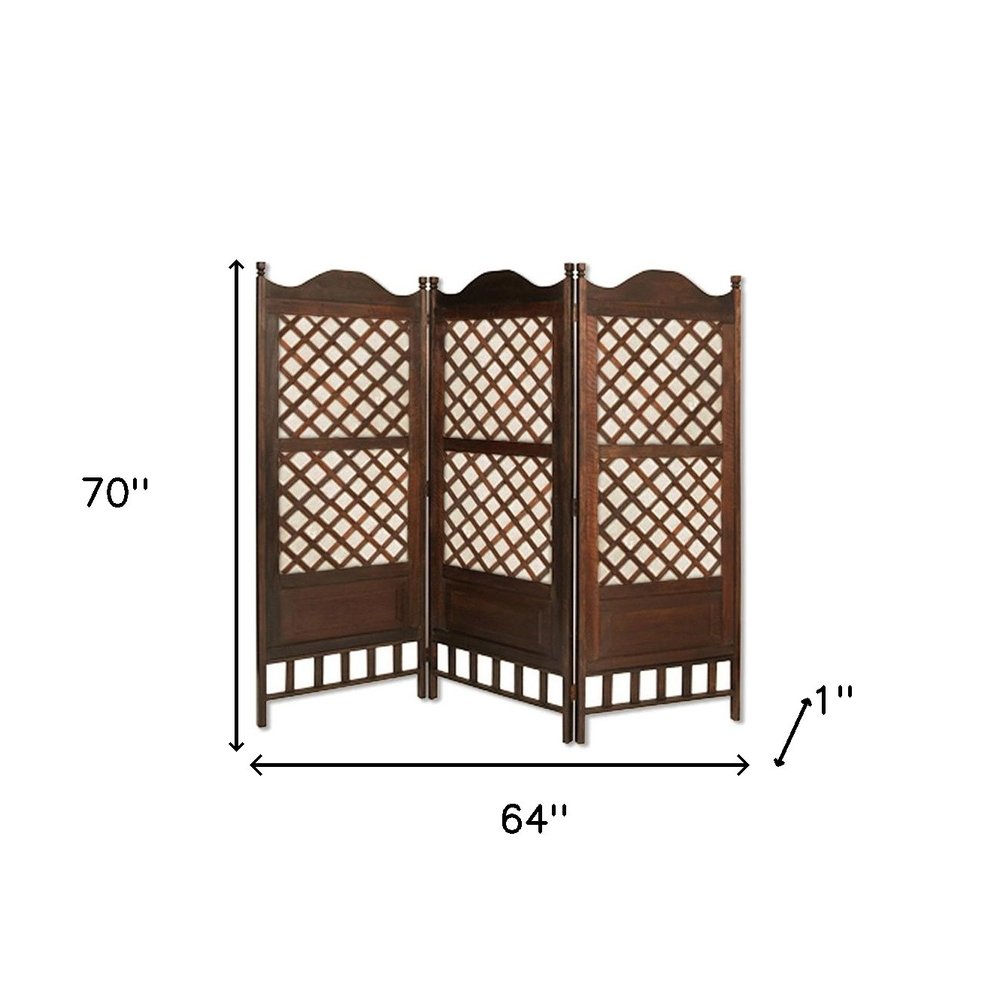 70" Brown Wood Folding Three Panel Screen Room Divider