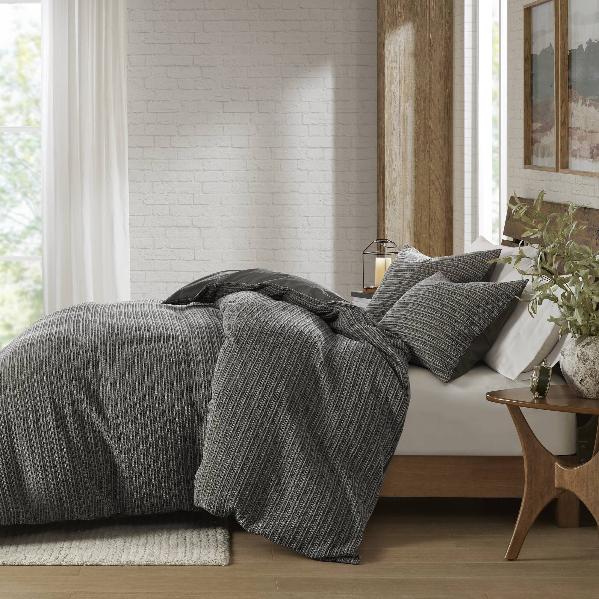 Lyon - 3 Piece King/California King Waffle Washed Duvet Set - Charcoal