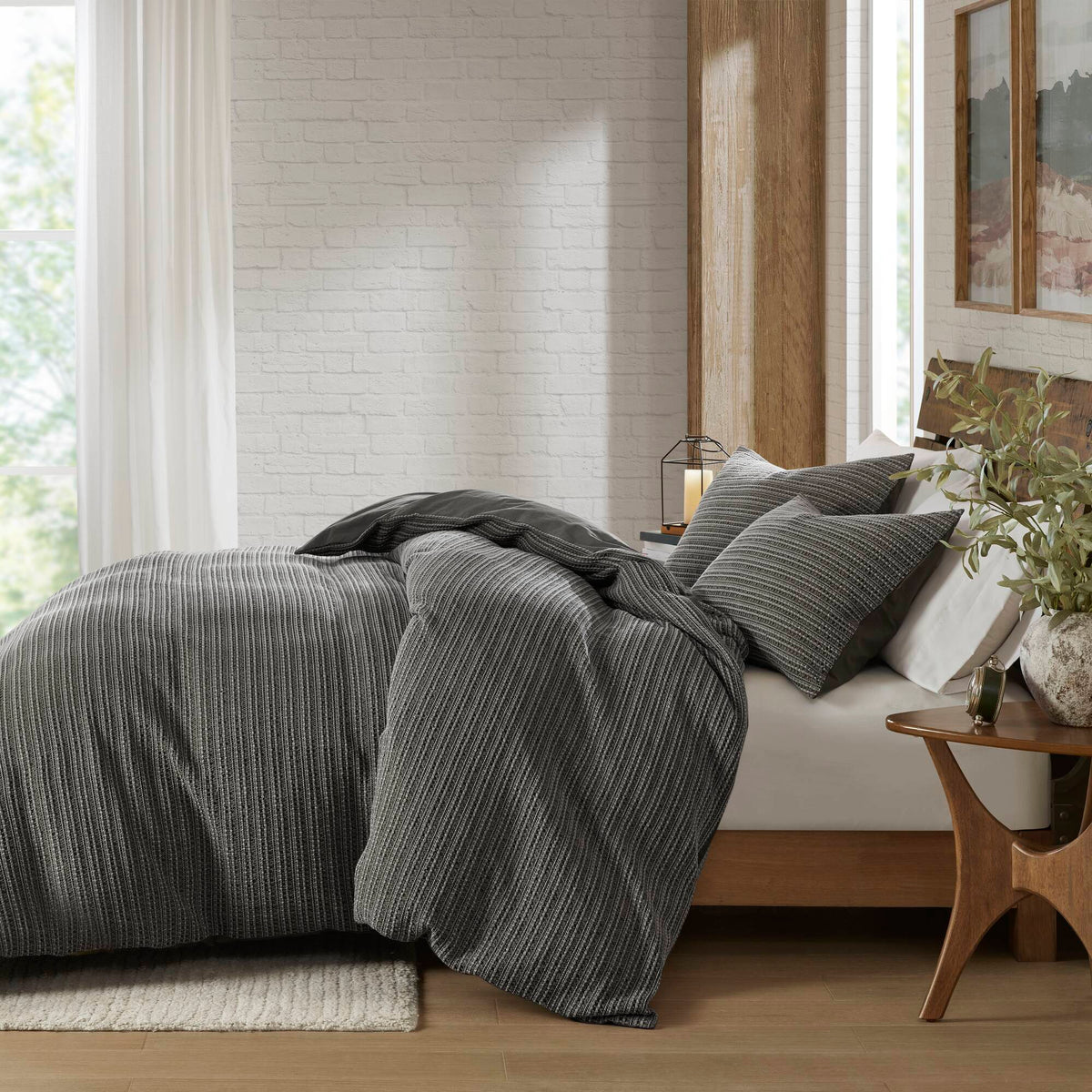 Lyon - 3 Piece Full/Queen Waffle Washed Duvet Set - Charcoal