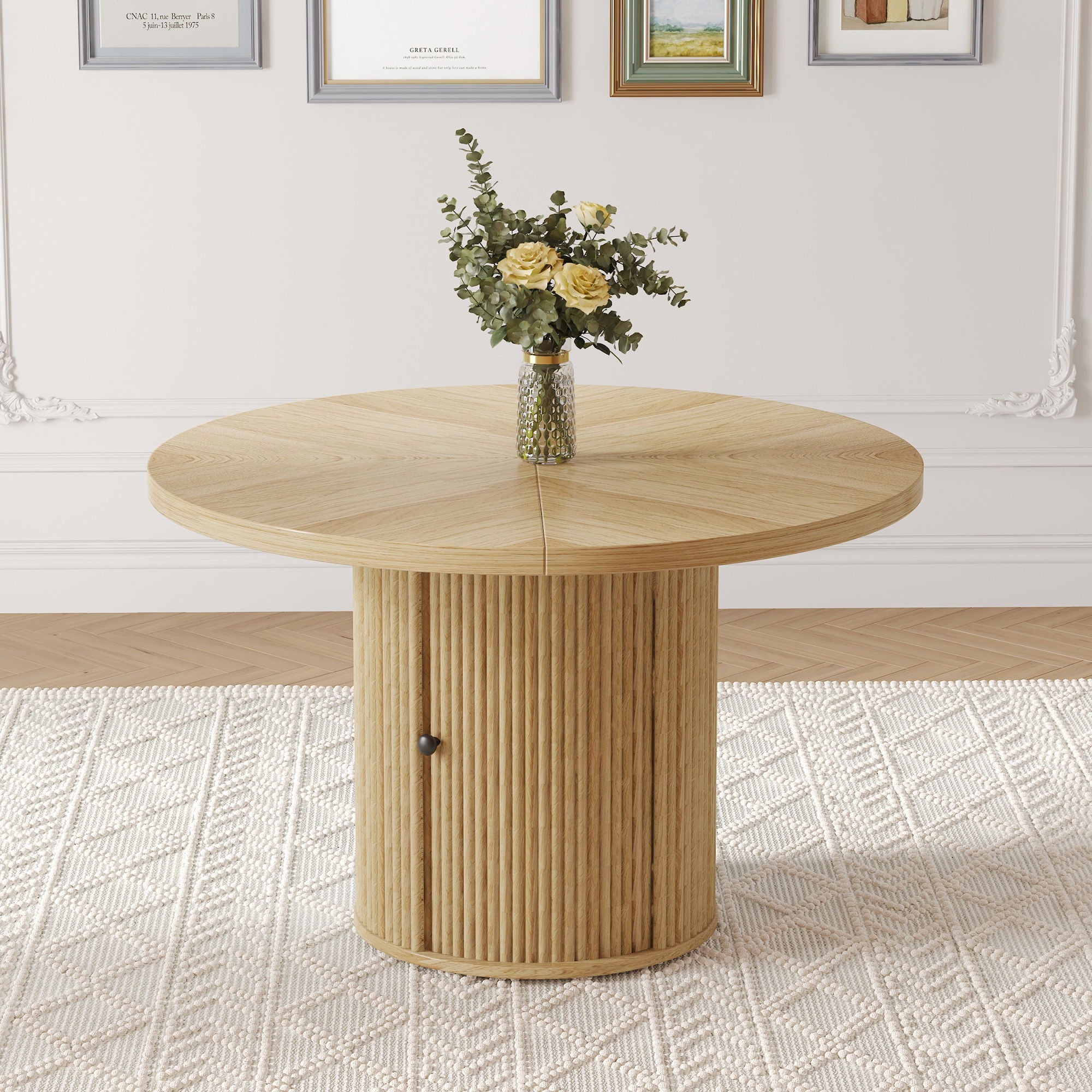 Roman Column Round Dining Table With Double Layer Storage - Wood