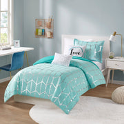 Raina - Twin Metallic Printed Comforter Set - Aqua / Silver