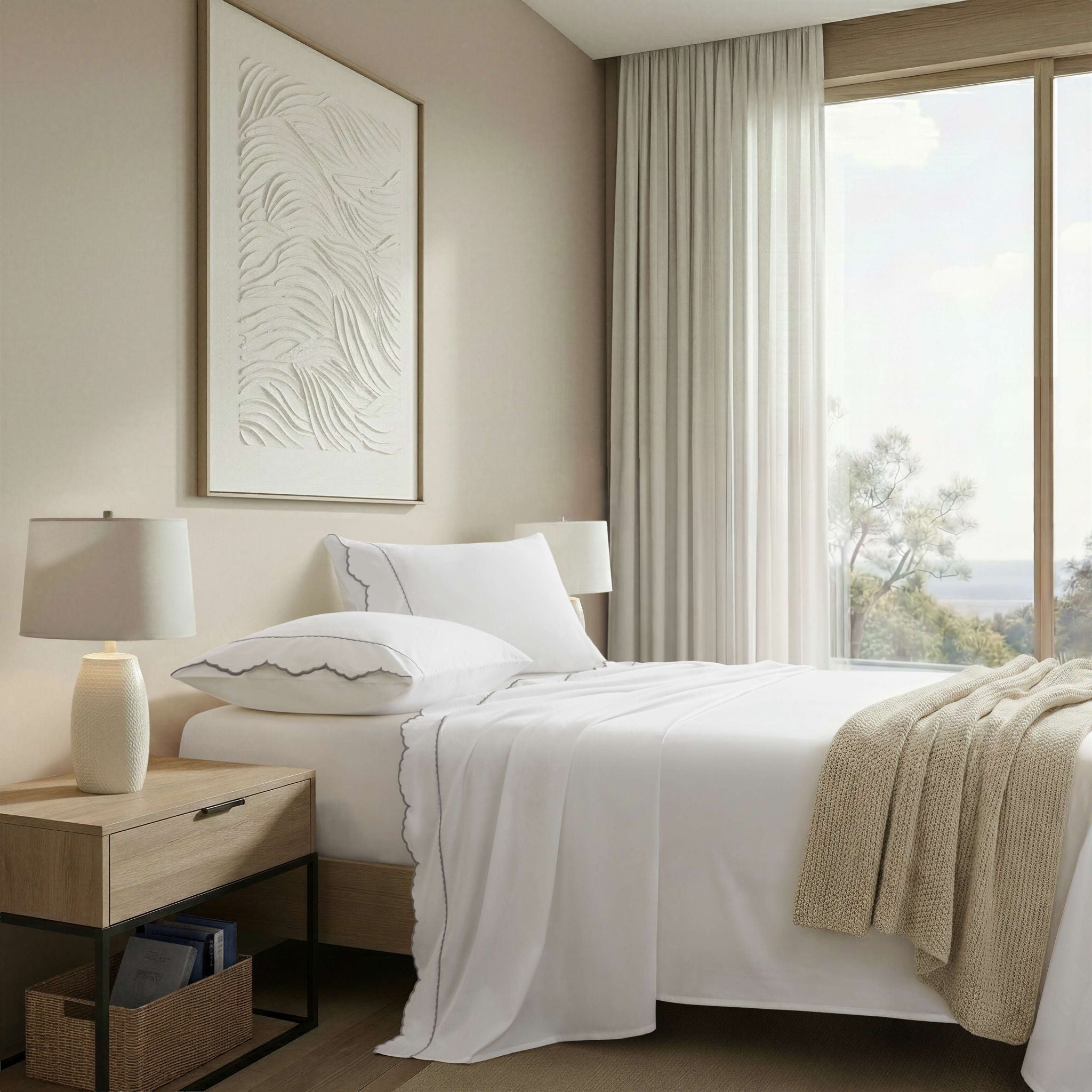 Brielle Scalloped Edge - 4 Piece California King Cotton Sheet Set - Gray / White