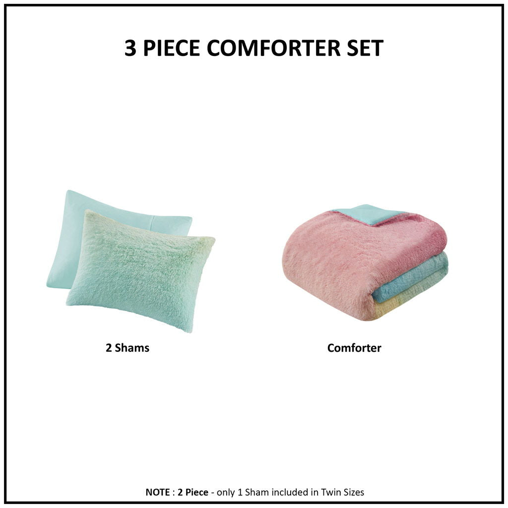 Primrose - Ombre Shaggy Faux Fur Comforter Set - Aqua Multi