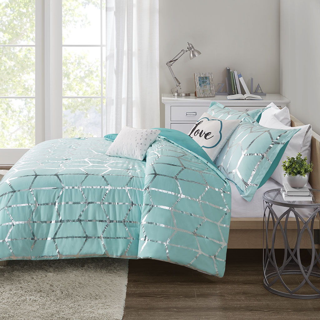 Raina - King Metallic Printed Comforter Set - Aqua / Silver