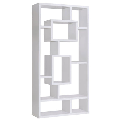 Geometric 10 Shelf Open Back Bookcase With Interlocking Shelves - White