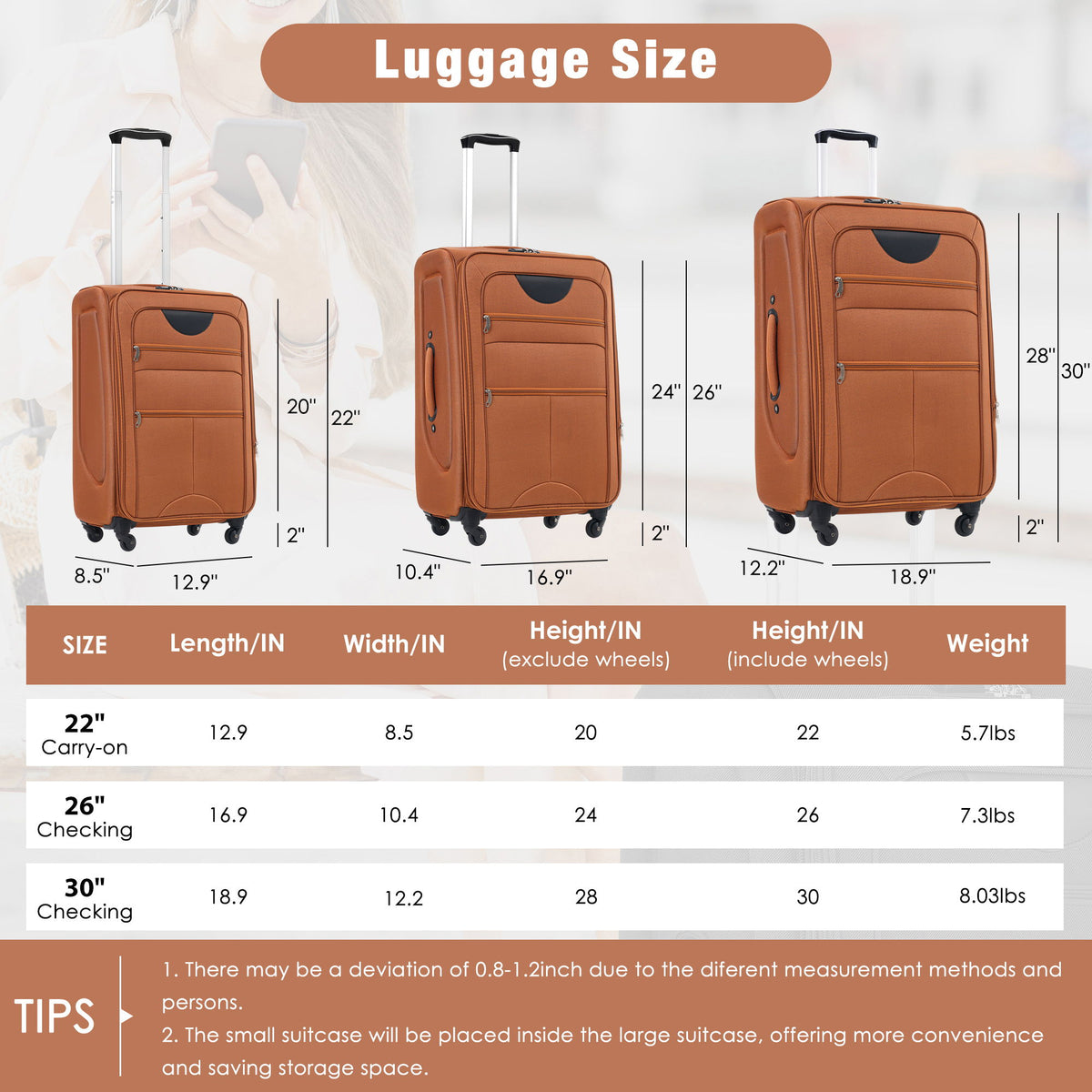 Softside Luggage Expandable 3 Piece Set Upright Spinner Lightweight Travel Suitcase 22" / 26" / 30" - Orange
