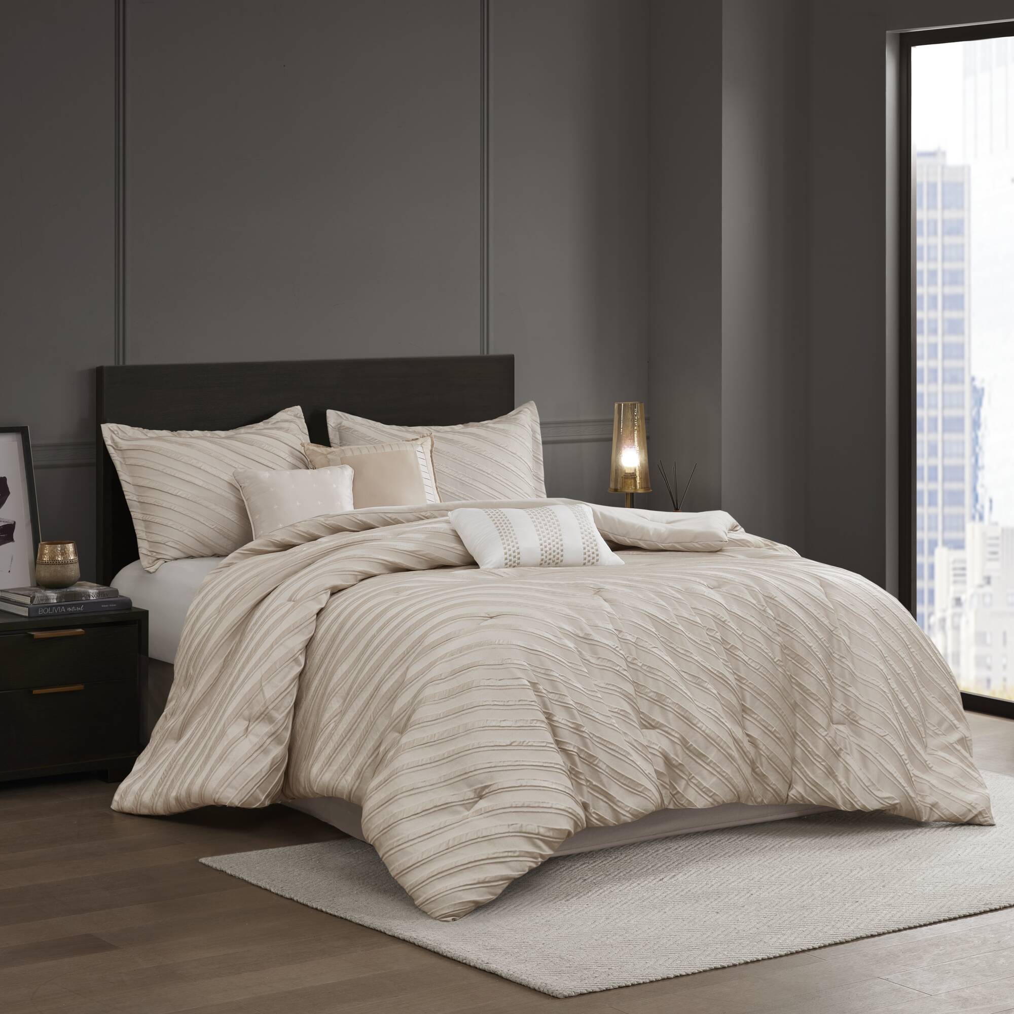 Riva - 7 Piece Queen Comforter Set - Beige