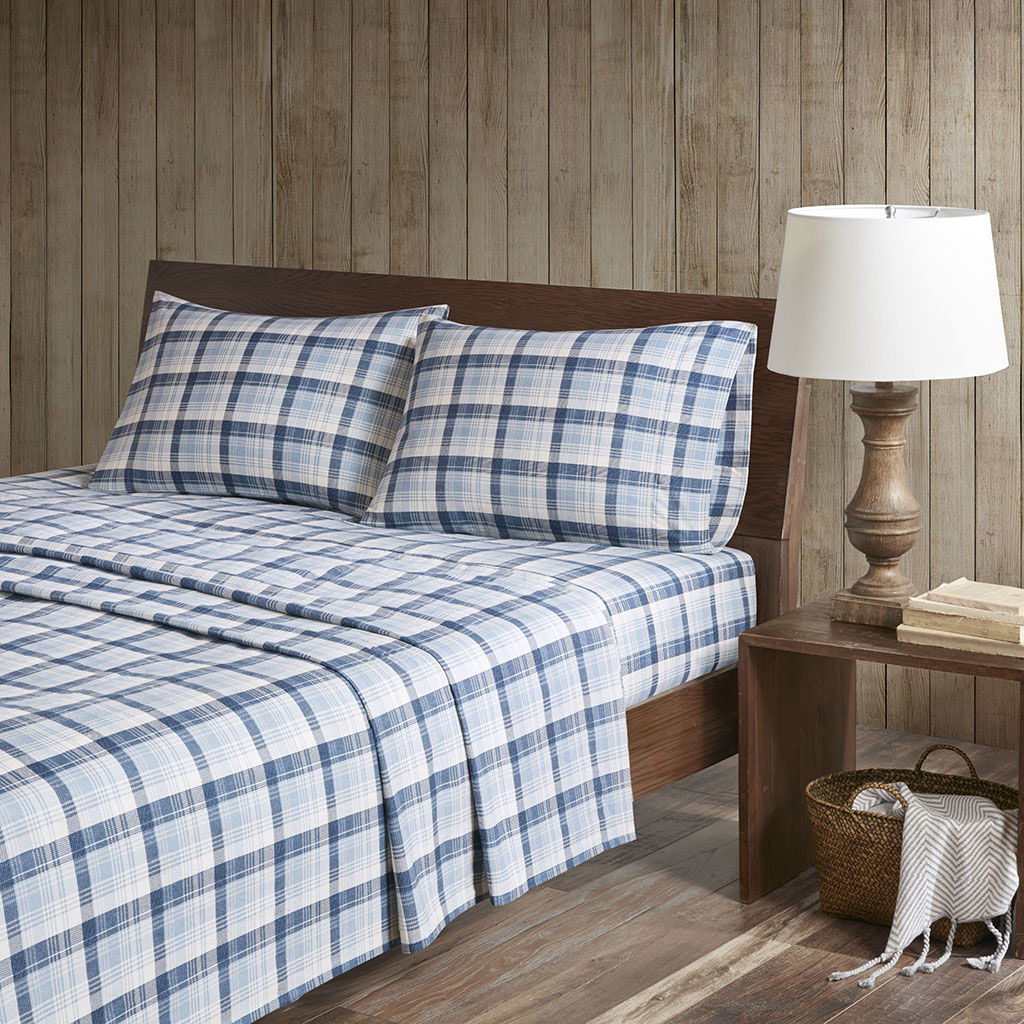 Flannel - Queen Sheet Set Cotton - Blue Plaid