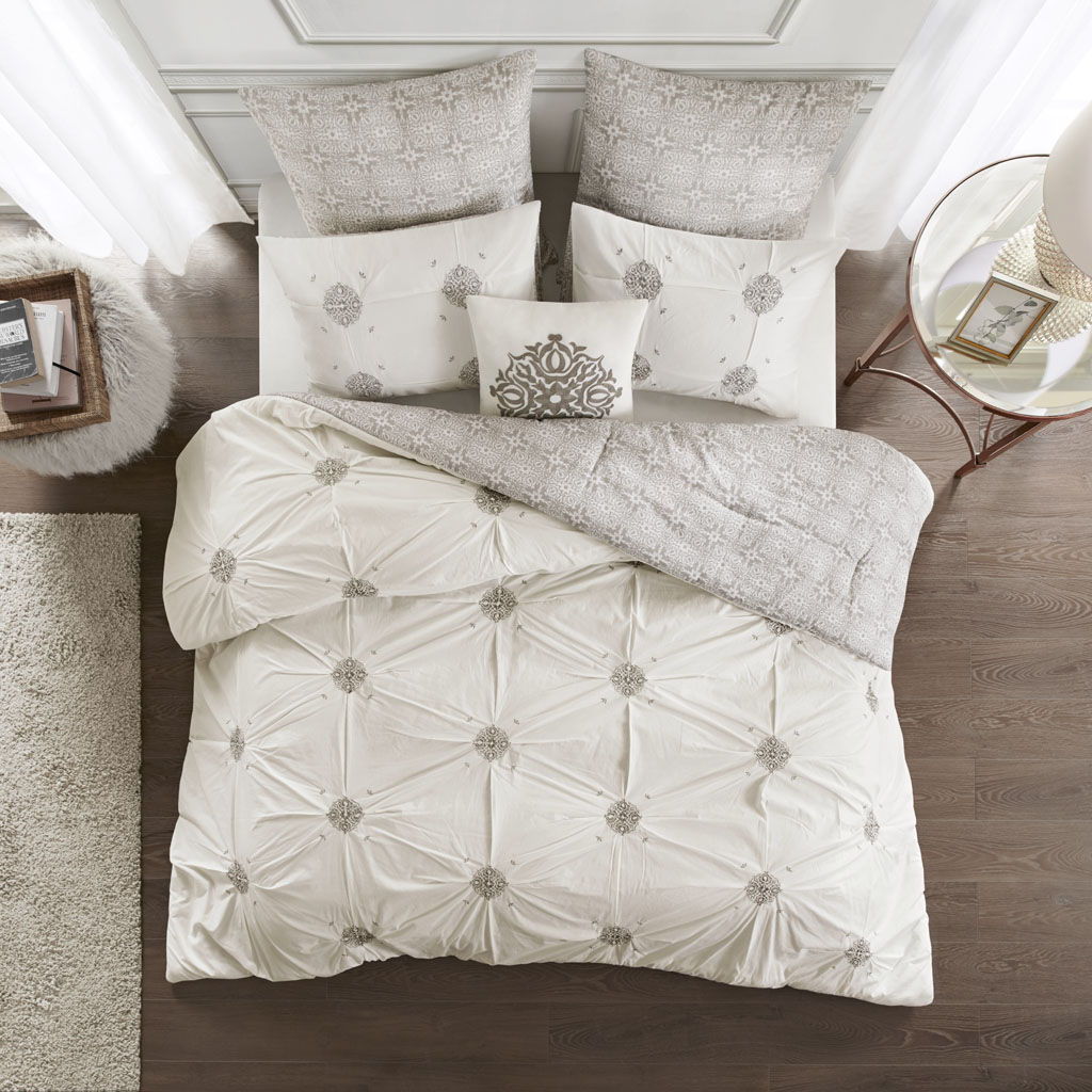 Malia - King 6 Piece Embroidered Reversible Comforter Set - Ivory