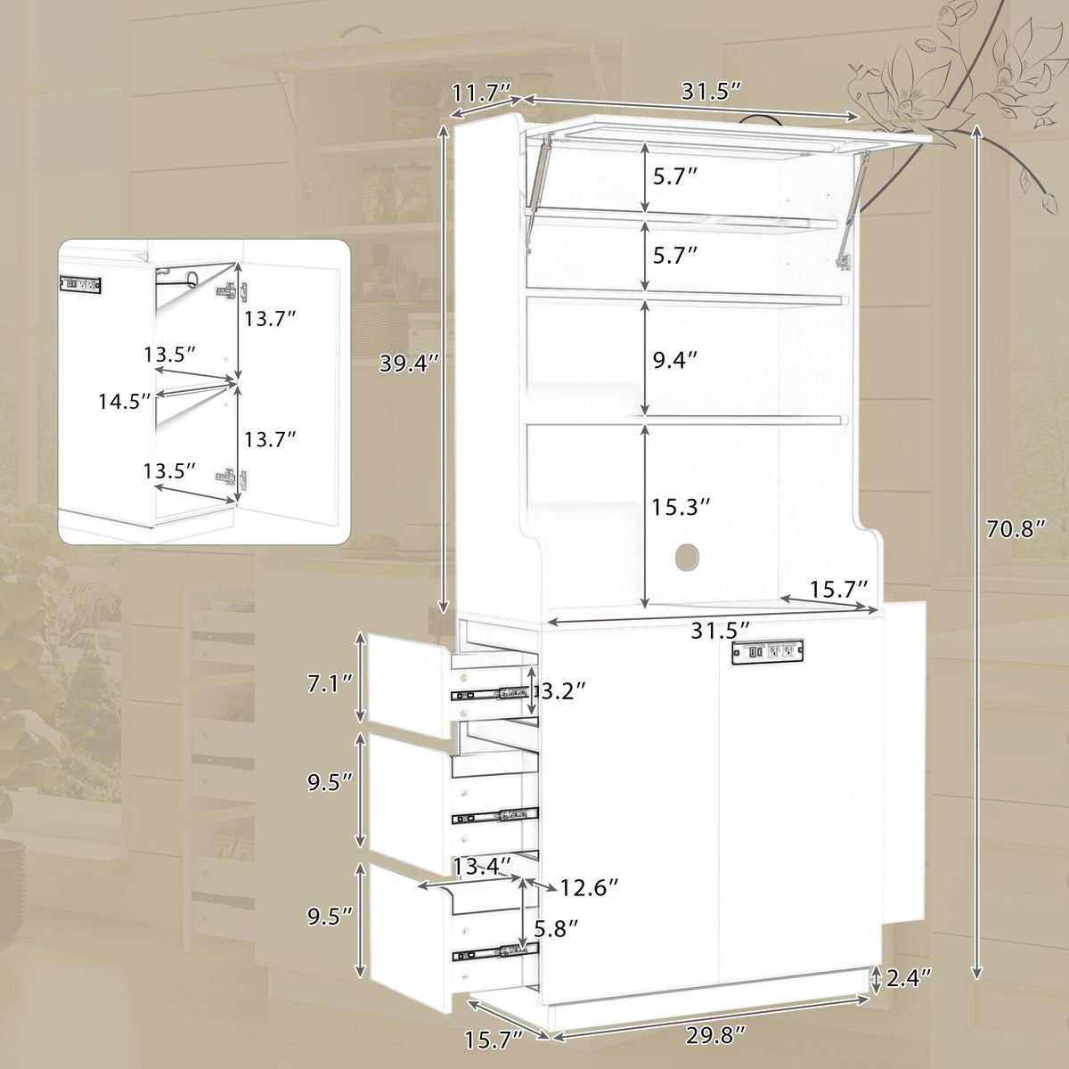 Pantry Cabinet With Hydraulic Flip Top And USB Charging Port