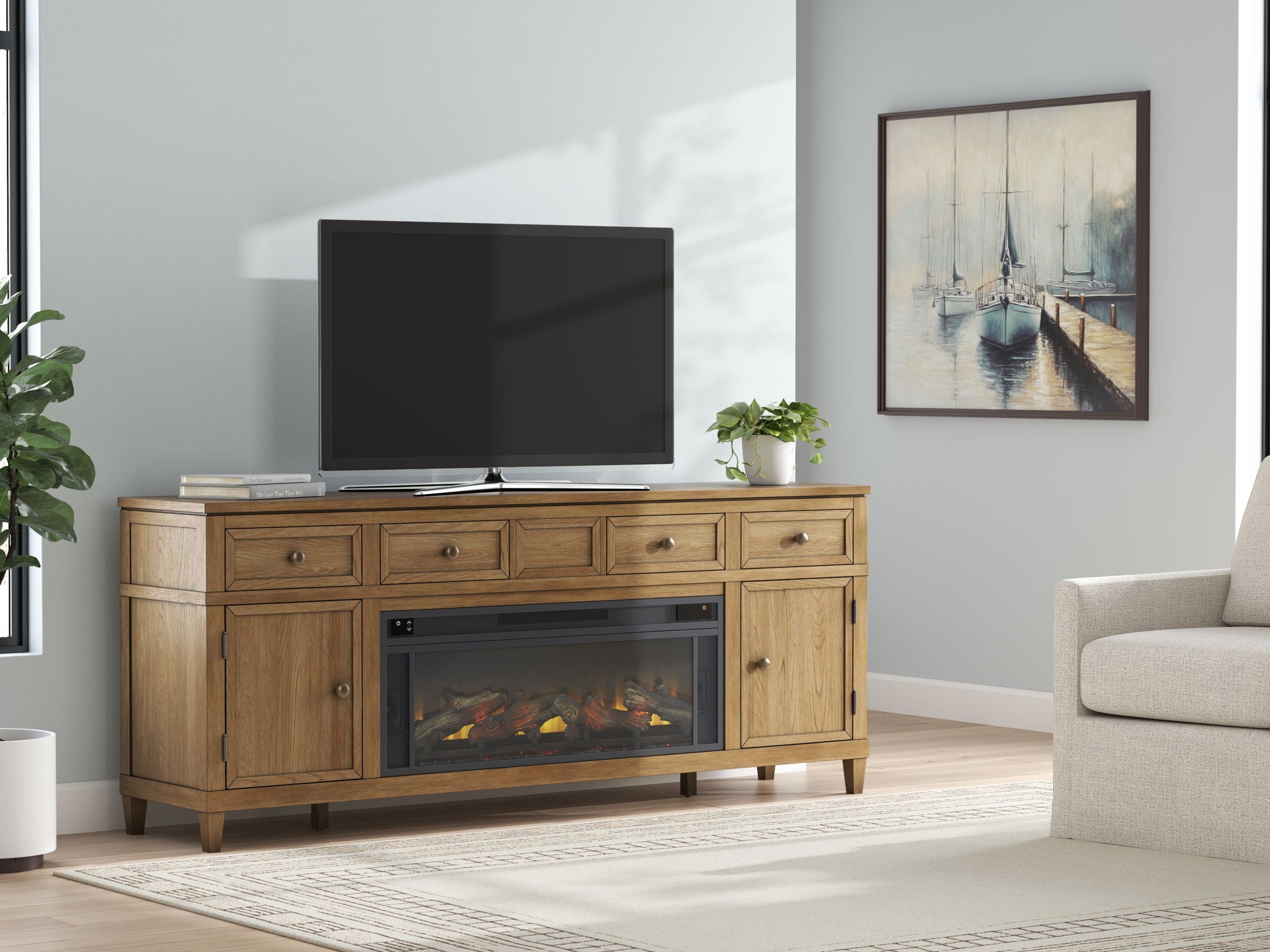 Sharlance - 81" TV Stand With Electric Infrared Fireplace Insert - Light Brown