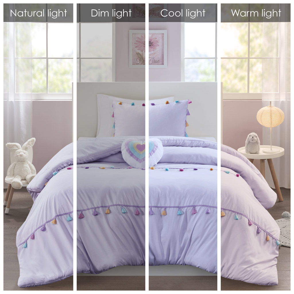 Tessa - 3 Piece Twin Tassel Comforter Set With Heart Shaped Throw Pillow - Lavender
