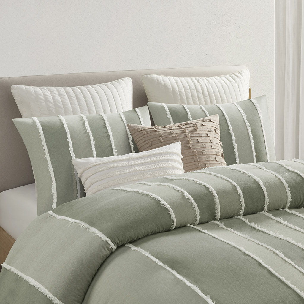 Shay - 3 Piece Striped Cotton Duvet Cover Set - Green
