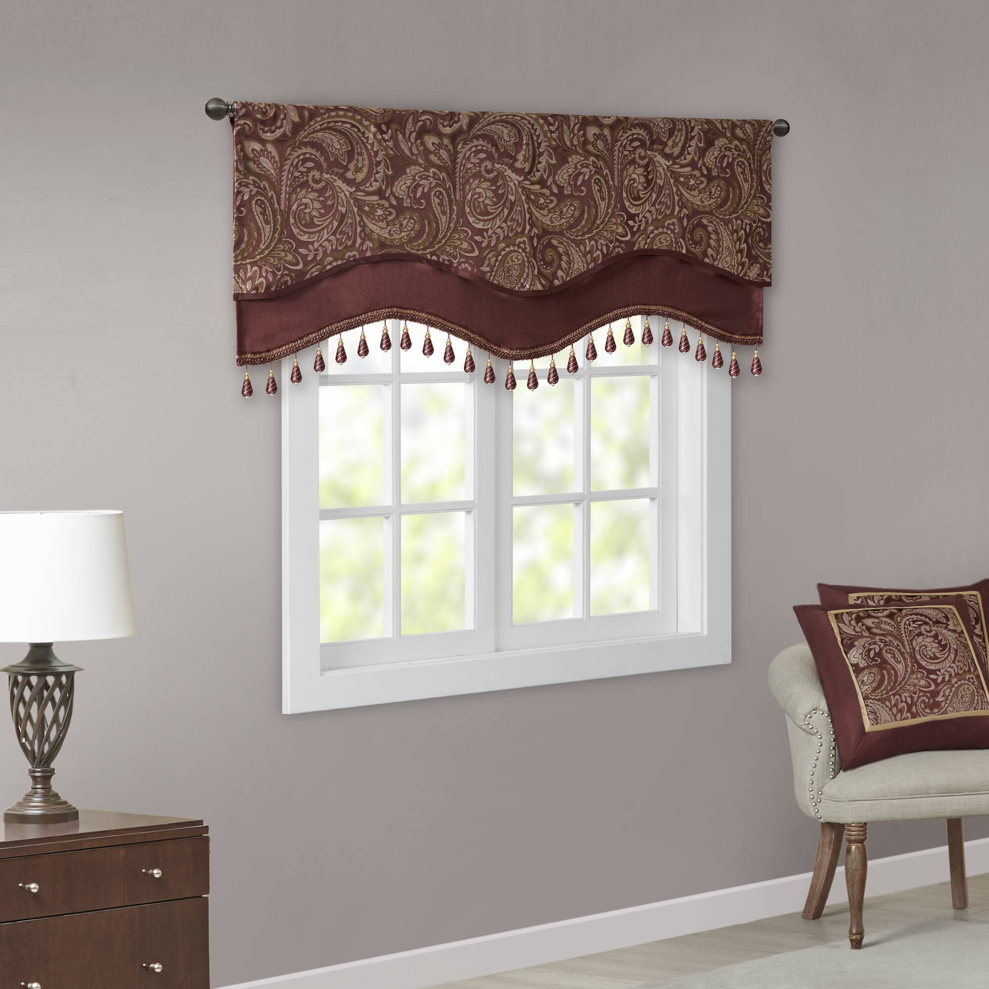 Aubrey - Window Rod Pocket Valance With Beads - Burgundy