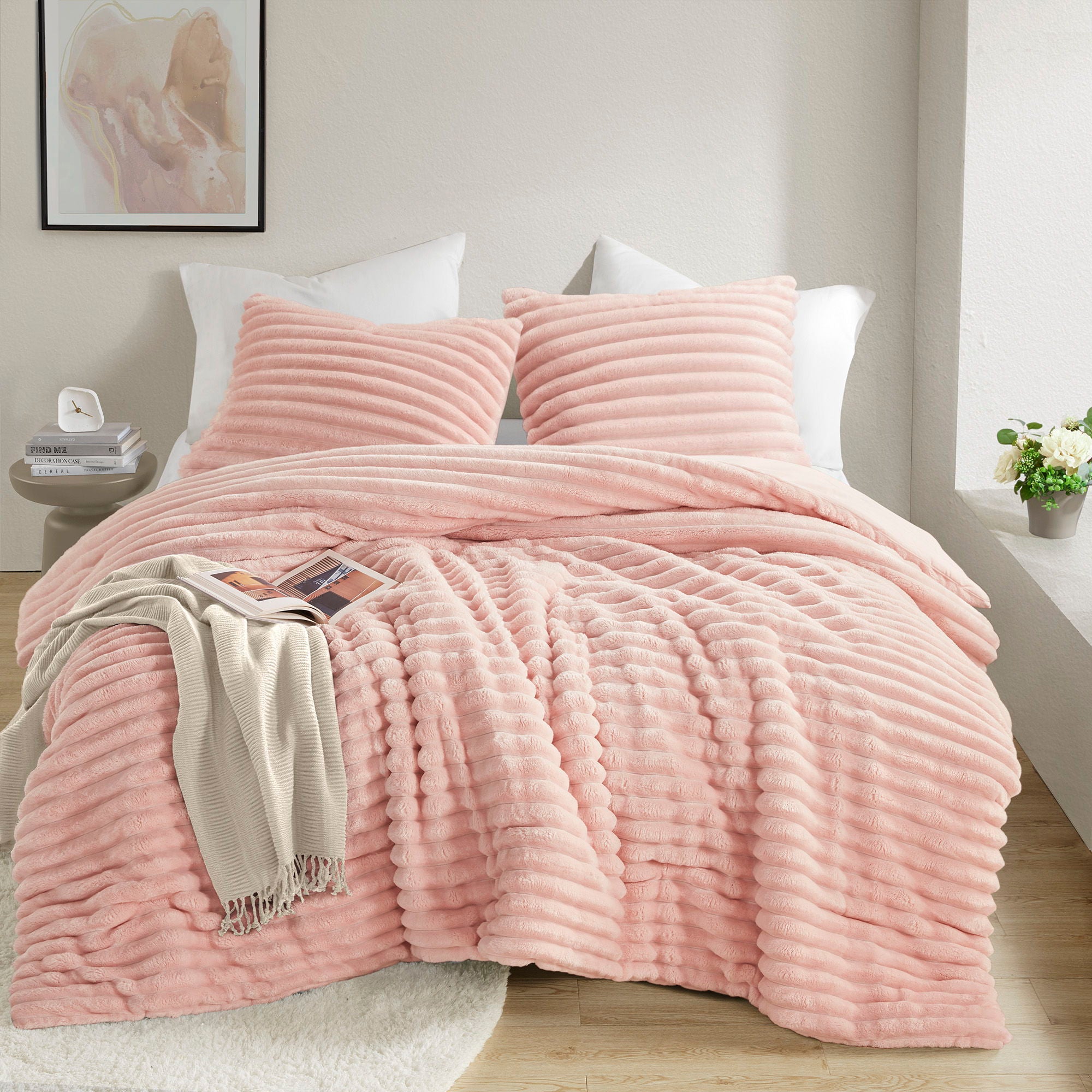 Avril - King/California King Fluffy Ribbed Plush Comforter Set - Pink