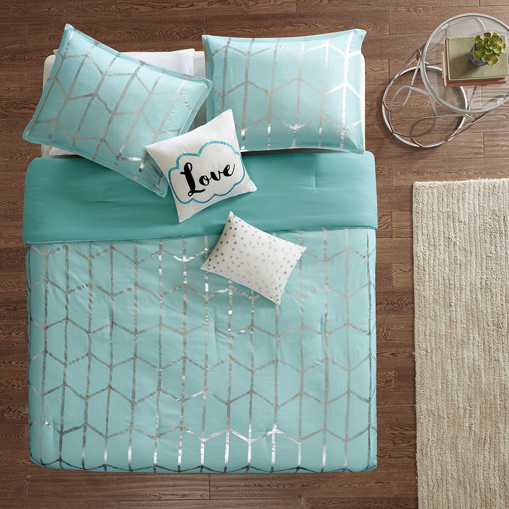 Raina - Metallic Printed Comforter Set - Aqua / Silver