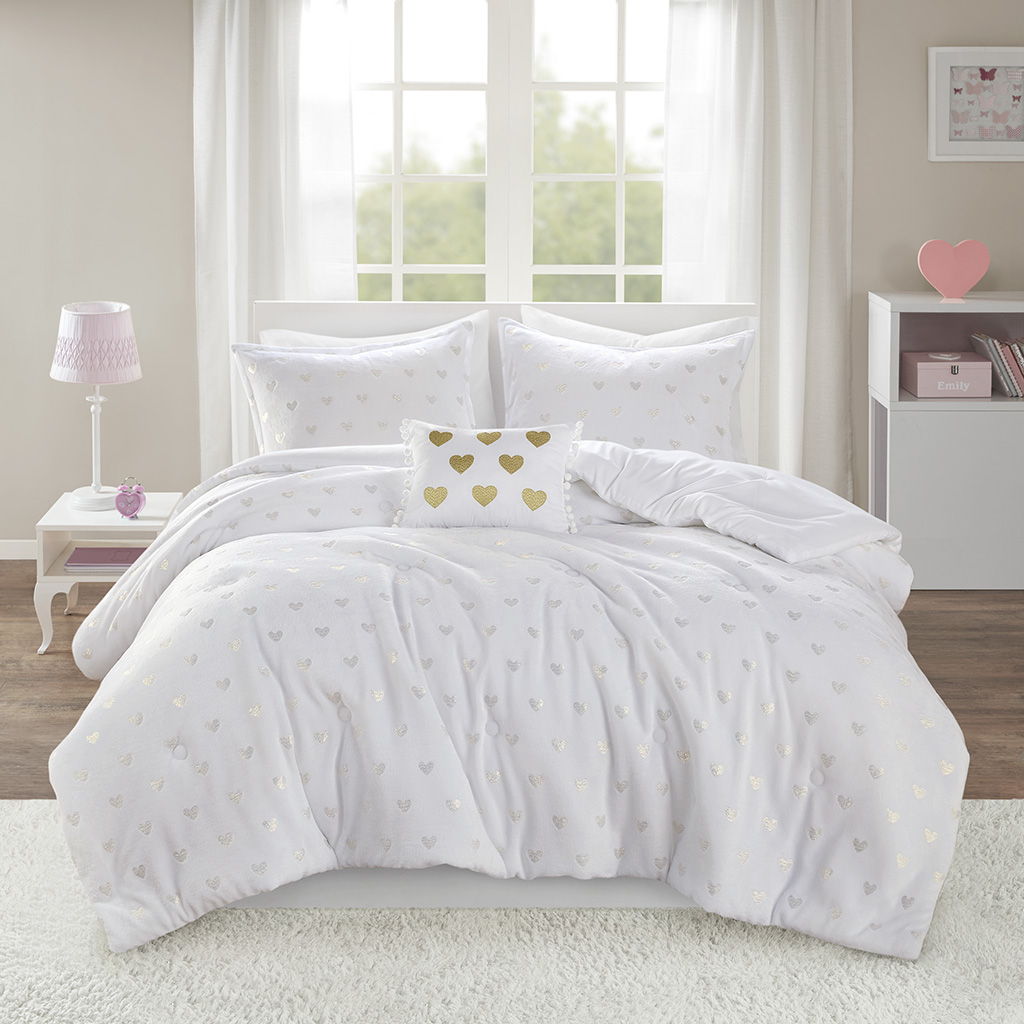 Rosalie - 4 Piece Full/Queen Metallic Printed Plush Comforter Set With Throw Pillow - White/Gold