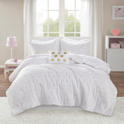 Rosalie - 4 Piece Full/Queen Metallic Printed Plush Comforter Set With Throw Pillow - White/Gold