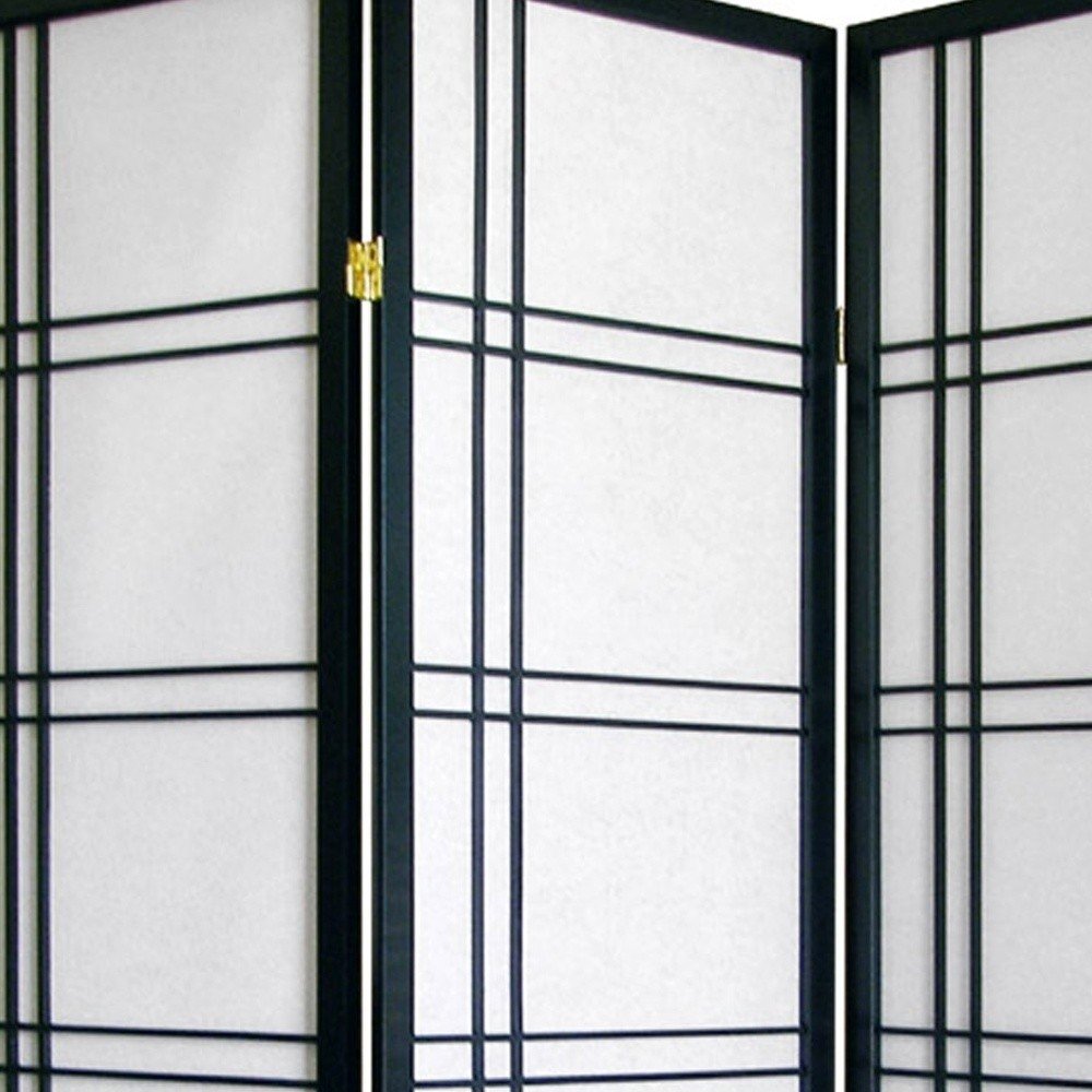70" Black And White Heavy Duty Rice Paper Folding Three Panel Screen Room Divider