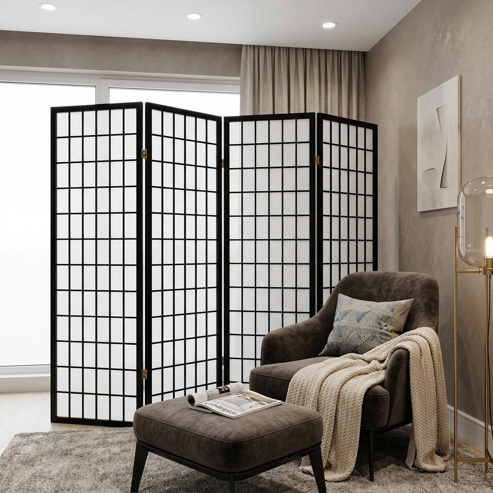 70" Black And White Heavy Duty Rice Paper Folding Four Panel Screen Room Divider