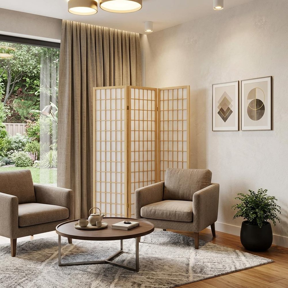 70" Brown Heavy Duty Rice Paper Folding Three Panel Screen Room Divider