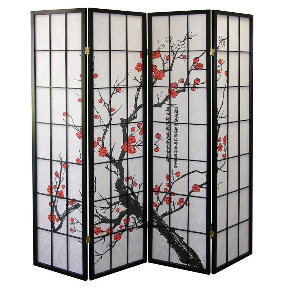 70" Black And White Heavy Duty Rice Paper Folding Four Panel Screen Room Divider
