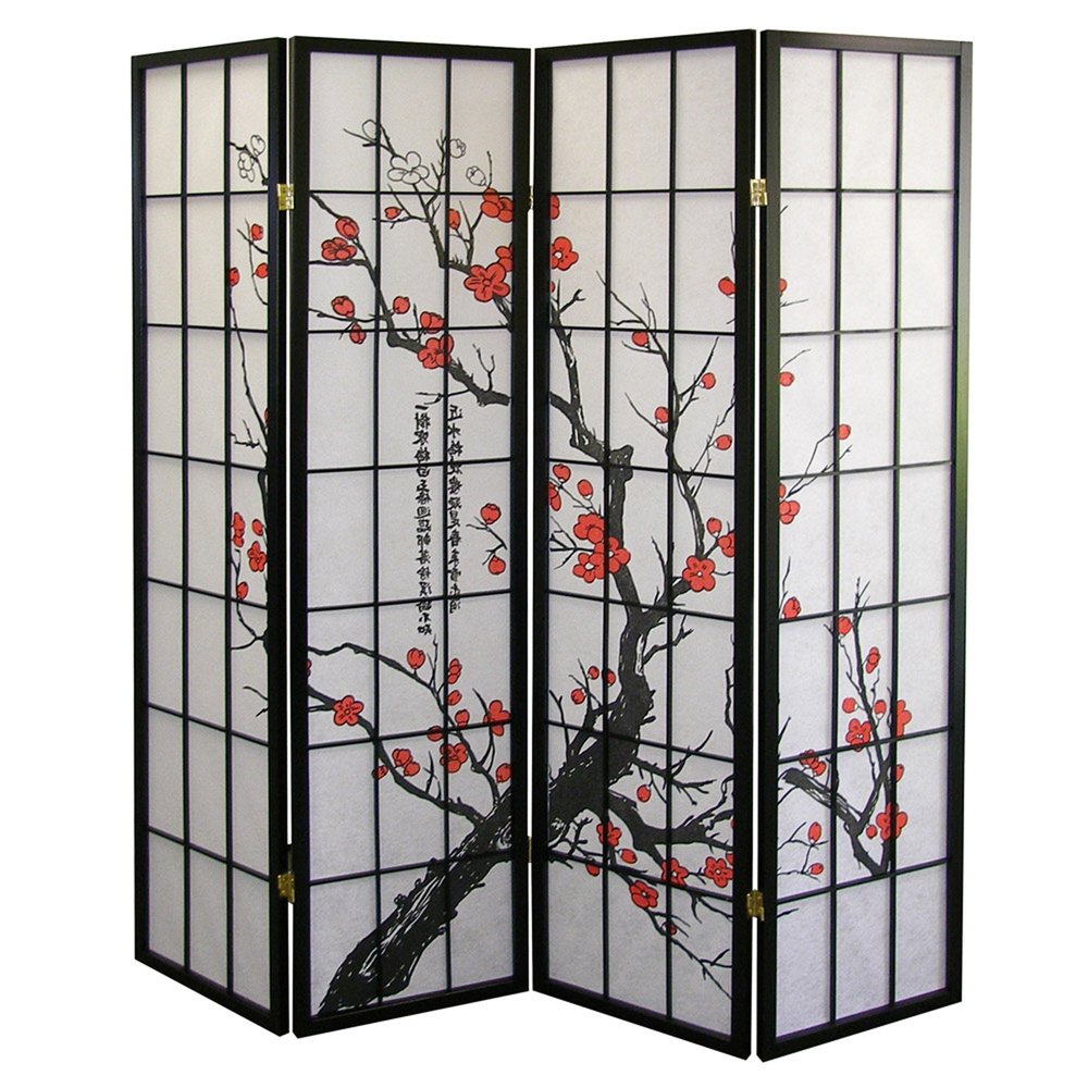 70" Black And White Heavy Duty Rice Paper Folding Four Panel Screen Room Divider