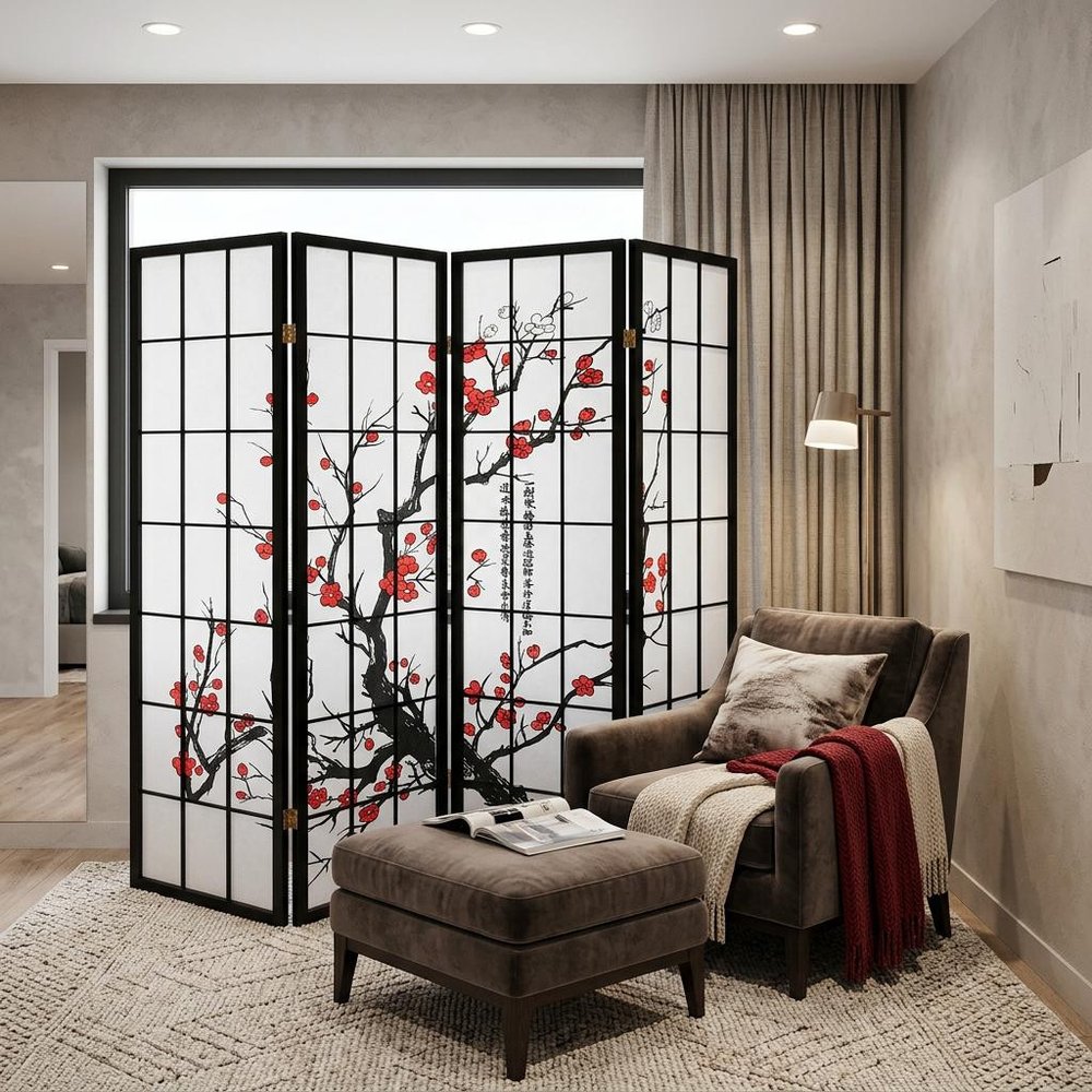 70" Black And White Heavy Duty Rice Paper Folding Four Panel Screen Room Divider