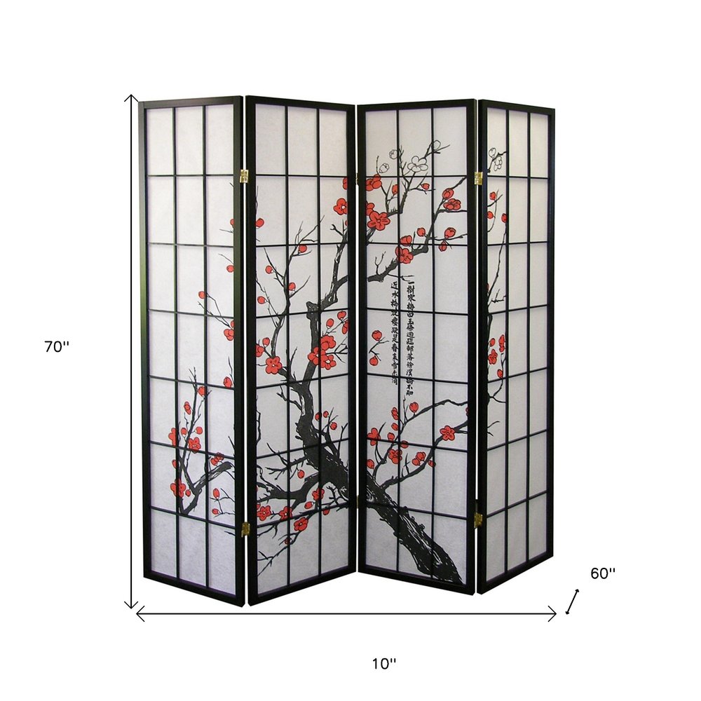 70" Black And White Heavy Duty Rice Paper Folding Four Panel Screen Room Divider