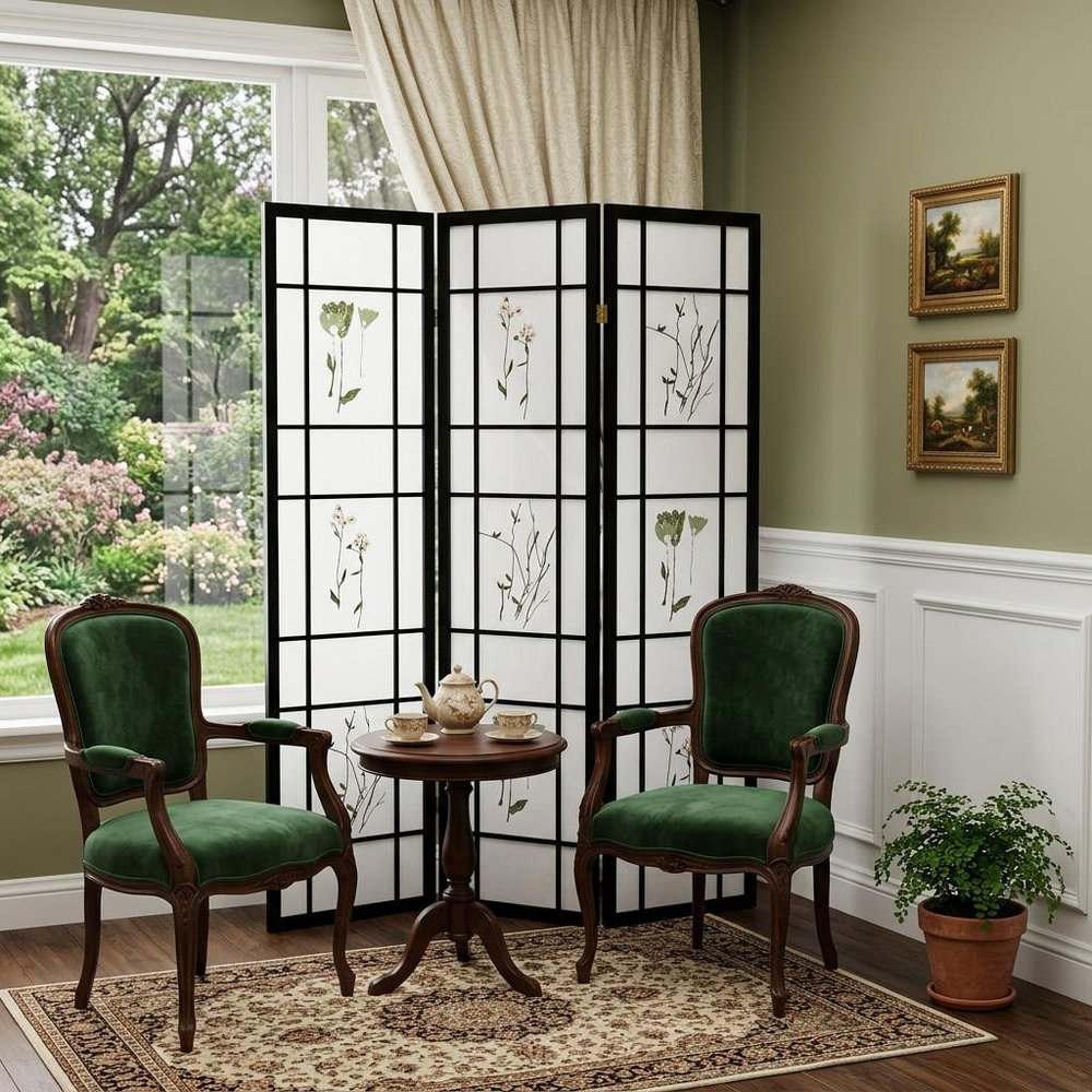 70" Black And White Heavy Duty Rice Paper Folding Three Panel Screen Room Divider