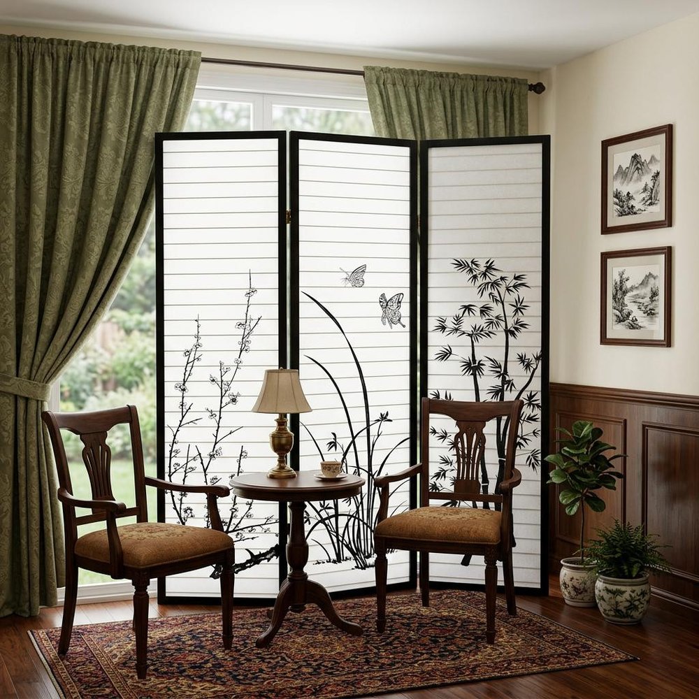 70" Black And White Heavy Duty Rice Paper Folding Three Panel Screen Room Divider